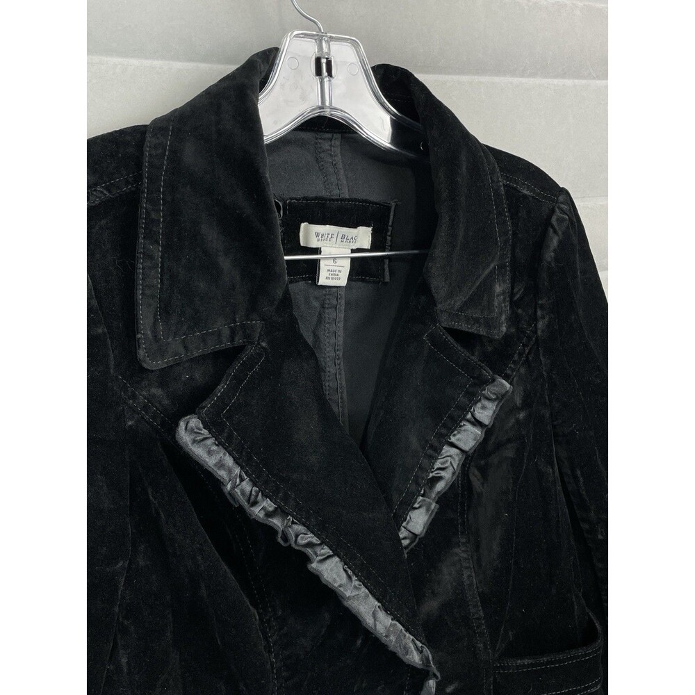 WHBM Women 6 Velvet Blazer Jacket Cropped Ruffle Trim Satin Black Victorian Chic - Picture 5 of 9